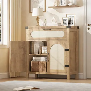 GarveeHome 3-Stöckiges Sideboard Mit Rattanfront, Buffet Mit 1 Schublade Und Verstellbarem Regal, Boho-Schrank, Für Esszimmer Und Wohnzimmer, 76x35,3x84cm