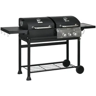 Outsunny Gasgrill mit 2+1 Brenner, Thermometer, 3kW BBQ Holzkohlgrill mit Regal , Schwarz , Metall , 54x103x161 cm , Grills, Gasgriller