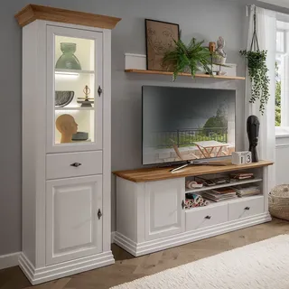 Wohnwand weiß ESBJERG-69 Landhausstil in Kiefer weiß lackiert mit Eiche massiv 3-teilig - Weiß