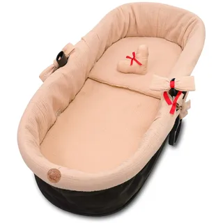 Totsy Baby Stubenwagen Umrandung Musselin - Nestchen für Kinderwagen und Buggy Babybett Zubehör Babywanne und Kinderwagenzubehör Set 3-teilig Schonbezug mit Kissen und Einlage Beige