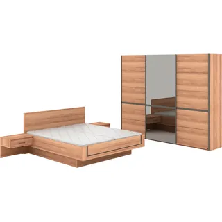 Musterring Schlafzimmer-Set »Sorrent, Kleiderschrank, Bett & Nachtkommoden, teilmassiv Eiche« 2er-Set Nachtschränke, Schwebetürenschrank 300 cm, Bett 180x200 cm, mit Schwebetürenschrank, Bett schwebende Optik, Breite Schrank 250cm, braun