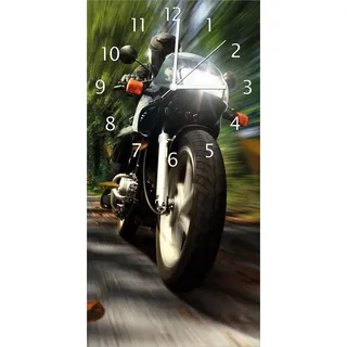 Wallario Design Wanduhr Fahrendes Motorrad im Wald mit Herbstlaub aus Echtglas, Größe 30 x 60 cm - Schwarz
