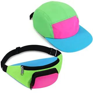 Cindeer 2 Stück 80er 90er Neon Gürteltasche und Baseball Kappe Retro Gürteltasche Trucker Kappe für Damen Herren Party (Grün)