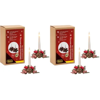 Idena 31905 - LED Stabkerzen mit Weihnachtskränzen, je 2 Stück, Kerzenringe mit Schmuck in Rot, Weihnachtsdeko für Innen, batteriebetriebene Kerzen (Packung mit 2)