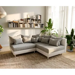 DeLife Ecksofa Clovis Weiss Hellgrau Modulsofa Ottomane Rechts - Hellgrau/Weiß/Grau