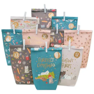 Papierdrachen Adventskalender 2025 - Katzen - zum selbst Befüllen – 24 bunte Papiertüten mit Zahlenaufklebern und Holzklammern - DIY - Weihnachten - Kinder und Erwachsene