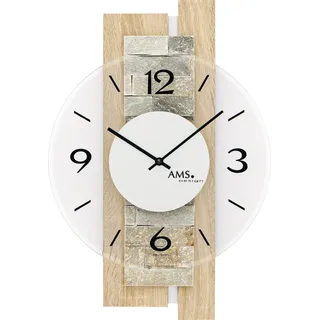 AMS 9542 Wanduhr Quarz analog modern Holz Sonoma Optik mit Naturstein und Glas - Braun, Silber