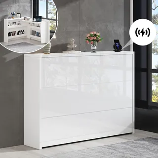 Flieks Faltbarer Schreibtisch Eckschreibtisch mit kabelloser Ladefunktion, Kommode Sideboard mit Ablagen, Beistelltisch mit Rollen, 115x27x93cm, Weiß - Weiß