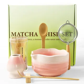 Matcha Set, 7er-Set Macha Tea Set Matcha zubehör mit Matcha Löffel, Matcha Schale mit Auslauf, Matcha Whisk, Keramik-Matcha-Set, Traditionell Japanische Teezeremonie