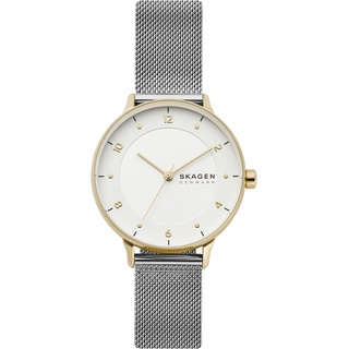 Skagen Damenuhr Riis, Dreizeiger Uhrwerk, 36mm Gold Edelstahlgehäuse mit Edelstahl Mesh Armband, SKW2912,