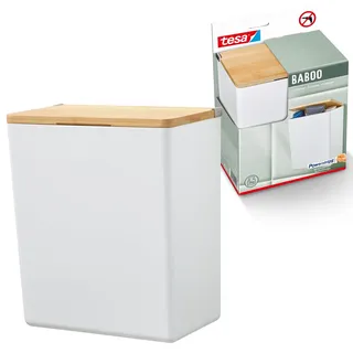 tesa Baboo L Badorganizer mit Bambus-Deckel, matt-weiß - Bad-Aufbewahrungsbox zur Wandmontage ohne Bohren, inkl. tesa Powerstrips Waterproof Strips XL - 182 mm x 210 mm x 102 mm