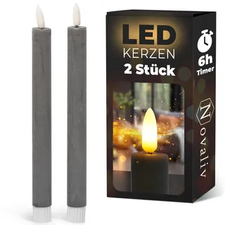 Novaliv Stabkerzen LED mit Timer GRAU 2er Indoor mit 6 Stunden Timer - ECHTWACHS 23cm Höhe für Kerzen 2,2cm Durchmesser 2 AAA Batterien notwendig LED Stabkerzen flackernde Flamme bewegliche Flamme