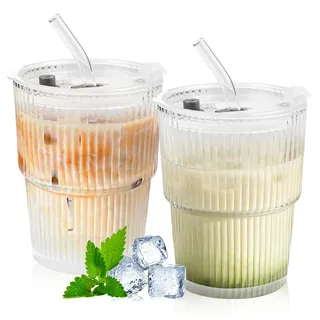 Fonyet 2 Stück Glasbecher mit Deckel und Strohhalm, 400ml Glas Smoothie Becher, Matcha Glas, Trinkgläser, Kaffeebecher mit Luftdicht Wasserdicht Design für Milch, Tee, Latte, Cocktails, Whiskey