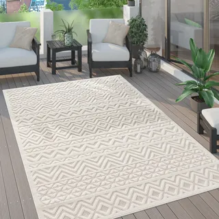 Paco Home Outdoor Teppich wetterfest Boho & Skandi 3D-Optik für Terrasse, Balkon & Garten Grösse 160 cm Rund - Creme