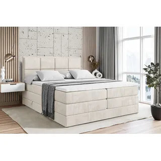 altdecor Boxspringbett mit 2 Matratzen und Topper - 180x200 cm - NOVA KING - Creme Samt - Polsterbett mit, H3- und H4- Matratzen, Bettkasten und Lattenrost, Bett mit Stauraum - Creme