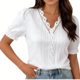 Damen Bluse Weiß Boho Spitze Oversize T-Shirt Tops Elegant Frühling Sommer V-Ausschnitt Kurzarm Oberteile Tunika