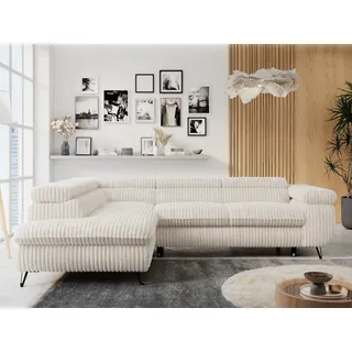 Ecksofa Sofa Beige, Wohnlandschaft L-Form mit Schlaffunktion und Bettkasten, Schlafsofa mit Bettkasten, Sofa mit Einstellbare Kopfstützen, Peter L - Beige Cord - Links Beige - Beige