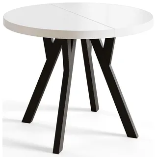 Esstisch Rund Ovo, Moderner Esstich Ausziehbar, Tisch mit Solide Beine, Stabile Konstruktion,, Durchmesser: 80cm-130 cm, Weiß - Weiß, Schwarz