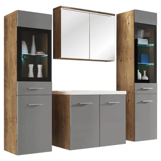 P & B Badezimmer , Grau, Kastanienfarben , Kunststoff , 5-teilig , 8 Fächer , 120 cm , Fsc , hängend , Badezimmer, Badmöbelsets & -serien, Badmöbel-sets