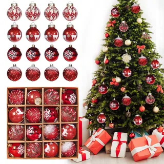 Weihnachtskugeln Kunststoff 6CM 16er Set, Christbaumkugeln Weihnachtsbaumkugeln Set, Personalisierte Weihnachtskugeln weiß & rot, Weihnachtsbaumschmuck Kugeln, Weihnachtsdeko Außen Innen