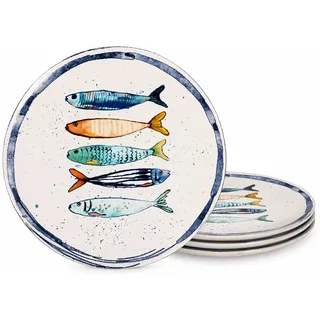 Teller im mediterranen Design mit Sardinen-Motiv | Maritime Speiseteller (26 cm), Suppenteller (21 cm) oder Dessertteller (20 cm) - robust, Steinzeug, glattes Finish (4er Set Speiseteller (26 cm))