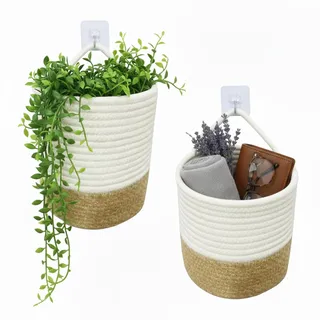 danpinera Hängekorb Set, Wandkörbe aus 100%, 17 x 20 cm, hängekorb bad mit Griff zum Aufhängen, geeignet für Küche Bad Schlafzimmer Wohnzimmer, White+Jute