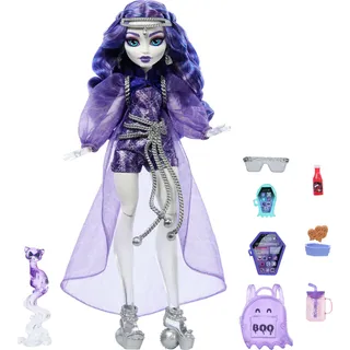 Mattel Monster High Spectra Vondergeist Puppe mit Frettchen Rhuen und Zubehörteilen wie Rucksack, Tablet, Snacks und mehr, HXH77