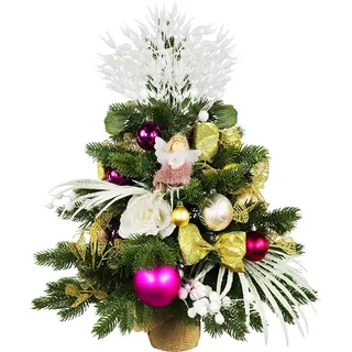 Künstlicher Weihnachtsbaum 60 cm mit LED-Beleuchtung, ROSENZAUBER II, mit 37 Weihnachtsbaumschmuck, Pflanztopf mit Jutesack - Grün, Weiß, Rosa, Gold