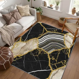 PaxGloz Marmor Teppich Schwarz Gold - Teppiche Wohnzimmer Schlafzimmer Modern Luxus, Großer Teppich Steinoptik, Weich Kurzflor & Waschbar & rutschfest Wohnzimmerteppich, Bettvorleger 160x230 cm