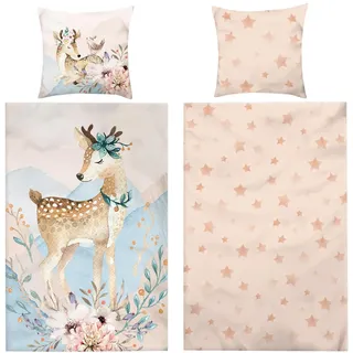 Aminata kids - Biber Bettwäsche 135x200 Mädchen REH-Motiv Baumwolle, Reißverschluss - Warm, Weich & Kuschelig - Winter-Wende-Bettwäsche-Set, Flanellbettwäsche