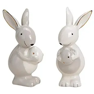 TEMPELWELT® Deko Figur Hase Osterhase im 2er Set je 9 cm, Keramik weiß grau Landhaus Stil, Dekofigur Osterei Ei mit Hasenohren, Osterdeko für Frühling Ostern