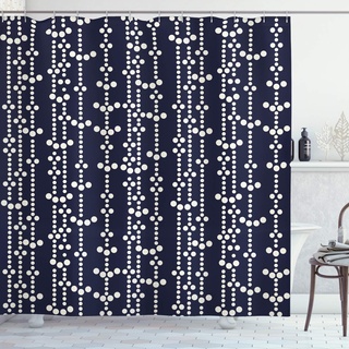 ABAKUHAUS Geometrisch Duschvorhang, Vintage Japanese, Stoffliches Gewebe Badezimmerdekorationsset mit Haken, 175 x 200 cm, Dark Blue Creme