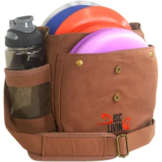 Disc Living Disc Golftasche, Frisbee Golftasche, leicht, für bis zu 10 Scheiben, Gurtband, verstellbare Schultergurt-Polsterung, doppelter Knopf auf der Vorderseite, strapazierfähiges Segeltuch, braun