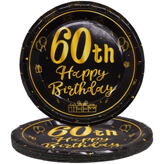 TOPWAYS 60 Geburtstagsdeko Schwarz Gold Pappteller, 7 Zoll 18cm Einweg Papier Party Geschirr Teller Tischdeko für 60 Geburtstag Mann Frau Happy Birthday Decorations 24 Stück (60 geburtstag, 7 Zoll)