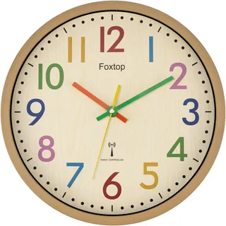 Foxtop Funk Wanduhr für Kinder 30cm - Lautlose Wanduhr ohne Tickgeräusche Bunte Lernuhr für Kinderzimmer, Schlafzimmer & Küche Analoguhr für Jungen & Mädchen mit automatischer Zeiteinstellung