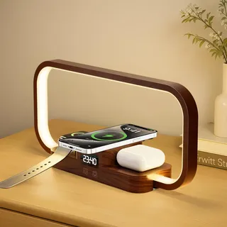CRLL 3-in-1 Nachttischlampe mit Drahtlosem Ladegerät & USB-Anschluss, Dimmbare Tischlampe mit 5 Farben & Touch-Steuerung, Ladestation für AirPods & Watch & Smartphone, Holzmaserung-Imitat (Brown)