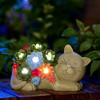 Yeomoo Solar Katzen Deko Figur Gartendeko für Draußen - mit Sukkulente Solar LED Solarleuchten Lustige Katze Geschenk für Katzenliebhaber Frauen Geburtstagsgeschenk Garten Balkon Zimmer Dekoration