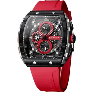 FORSINING Herren-Armbanduhr, analog, Quarz, großes Zifferblatt, rechteckiges Zifferblatt, Silikonarmband, wasserdicht, Kalender, Datum, rot, Riemen