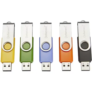 Intenso Basic Line 5X 32 GB USB-Sticks USB 2.0 mit praktischen Beschriftungsetiketten, Gelb, Grün, Schwarz, Blau Orange, mit silbernem Metallbügel, 5er Pack