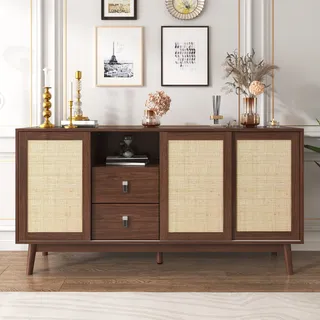 Merax Sideboard Skandi mit 3 Schiebetüren und 2 Schubladen (155 L x 38 B x 80 H, Brise), Rattan geflecht Kommode, Anrichte, Schrank mit Holzfüßen - Braun