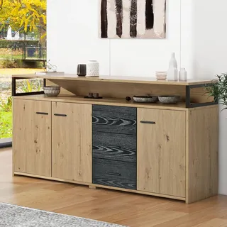 MODFU Sideboard, Schminktisch, Küchenschrank, Mehrzweckschrank, Lagerschrank, Schlafzimmer, Wohnzimmer, Büro-Hochschrank mit Metallgriff 150 x 35 x 75,9 cm - Schwarz, Braun