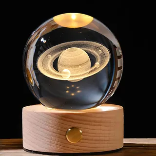 DAWRIS 3D Saturn Kristallkugel mit LED Bunte Nachtlicht Basis, Kristall Ball Nachtlicht Kreative Nachtszene Astronomie LED Ball Lampe Saturn System Nachttischlampe Kristallkugel Licht