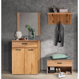 Flur Möbel Set inkl. Spiegel LEUNA-64 in Eiche massiv geölt, B/H/T: ca. 180/200/39 cm - Braun