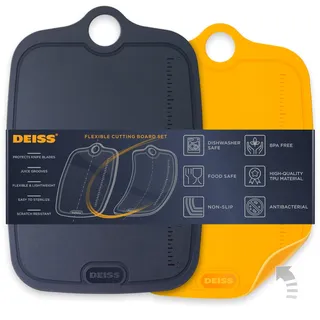 Deiss LUX Langlebige TPU Schneidebretter für die Küche, 2er Set, doppelseitiges rutschfestes Schneidebrett, integriertes Lineal, flexibles großes Schneidebrett, tiefe Saftrillen, spülmaschinenfest