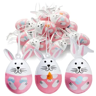 com-four® 12x Dekoaufhänger Ostern - Osterhase in Ei-Form aus robustem Metall - Osterdeko zum Aufhängen an Strauch, Baum, Tür und Fenster - Aufhänger für den Osterstrauß (rosa + weiß)