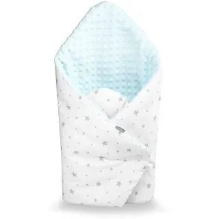 Sevira Kids Pucksack – Winter – Baby – Mehrzweck – 100% Baumwolle – Minky wendbar – Einschlagdecke – Geschenk zur Geburt – Stella blau – 80 x 80 cm