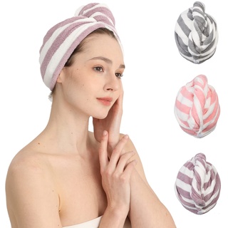 Good Nite Haarturban Haarhandtuch Haartrockentuch 3 Stück Wrap Super saugfähige schnell trocknende Haarkappen mit Knöpfen Mikrofaser für Handtücher Mädchen Lange lockiges nasses Haar(Rosa|Lila|Grau)