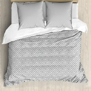 ABAKUHAUS Greek Key Bettbezug Set, Geometrisches Linien-Zusammenfassungs-Muster mit antikem Motiv im grauen Labyrinth-Labyrinth, 155 x 220 cm + 80 x 80 cm, Pale Grau Weiß