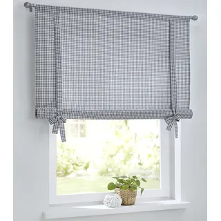 Bindegardine KUTTI "Cottage Raffgardine" Gr. 4, grau (grau,weiß), B:100cm H:100cm, Baumwolle, Gardinen, Bindegardine, kariert, Baumwolle, Stangendurchzug, Bindegardine