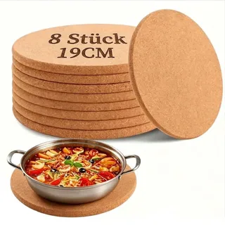 8er Topfuntersetzer Kork, 19 cm Holz Korkuntersetzer Rund | Hitzebeständig Untersetzer Kork, 1cm Dicke Untersetzer Topf, Korkplatte für Töpfe, Auflaufform, Pfannen